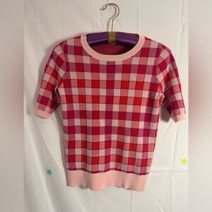 Ann Taylor Pink Red Purple Plaid Short Sleeve Sweater Top